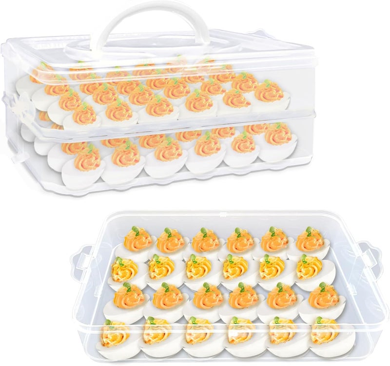 Jgalnim 2-Layer Deviled Egg Carrier with Lid,Deviled Egg Trays with Handle,Stack Portable Stackable Trays,Clear Devil Egg Cotainer 48 eggs Holders, for Thanksgiving Day, Easter, Holiday,Parties and Kitchen - Image 1